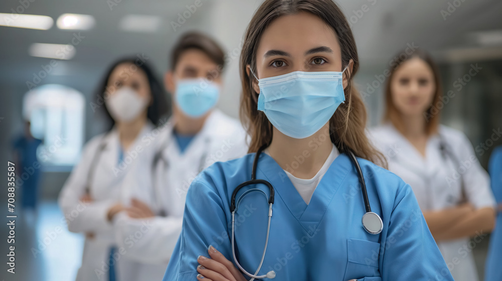 Confident medical team with a female doctor in front. Confident medical team with a female doctor in front.