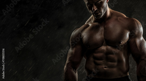 Muscular man's torso in dramatic gym lighting.
