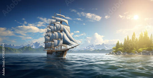 sailing ship in the ocean, ship in the sea, ship in the sky, beautiful sailboat glorious day digit photo