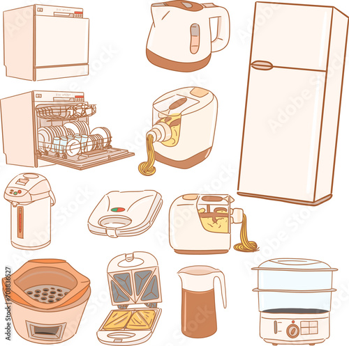 Cookware appliance doodle style with color 