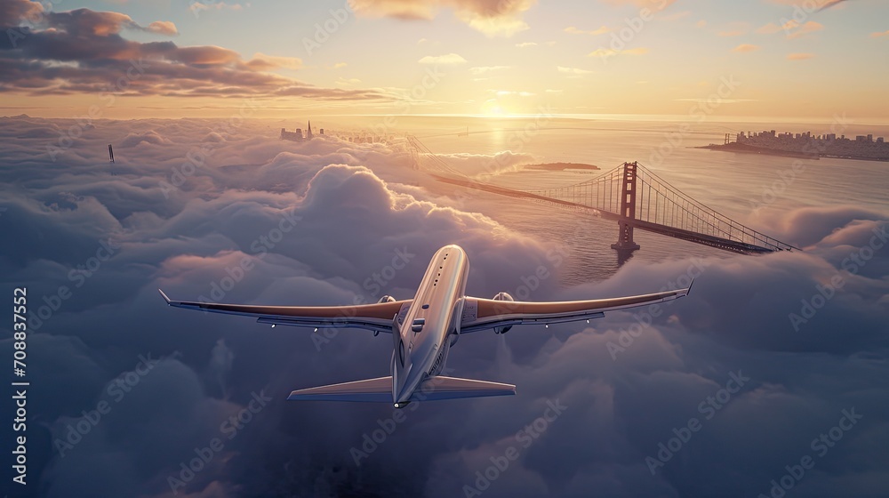 Fototapeta premium Majestic Airplane Soaring through Golden Hour Skies in Tranquil Serenity