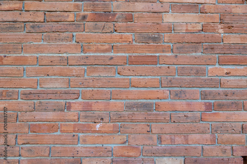 Close-up horizontal view retro red brown old brick wall background