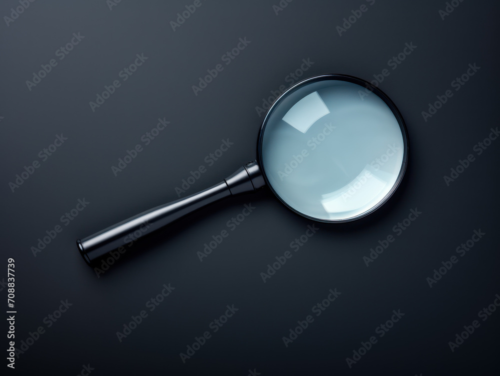 Black magnifying glass or lens, top view isolated on black background Black magnifying glass or lens, top view isolated on black background