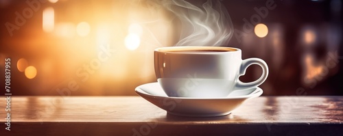 Cup of steaming coffee on a table in the sun with copy space