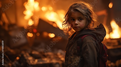 A kid observes the fire and devastation of his house against the backdrop of an explosion, Generative AI. photo