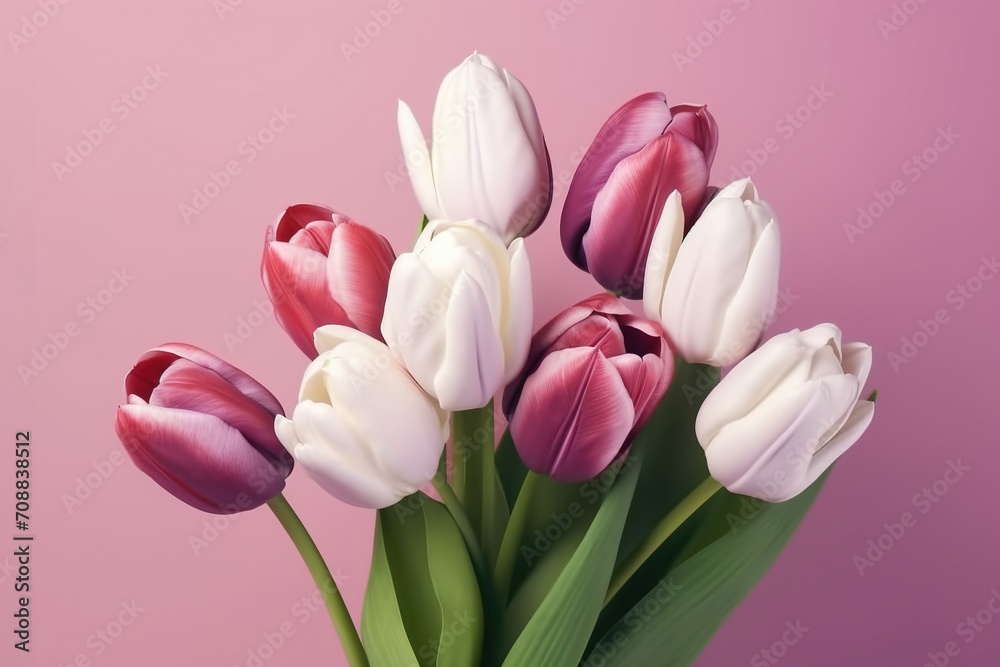 Obraz premium Purple and white tulips on a pink background