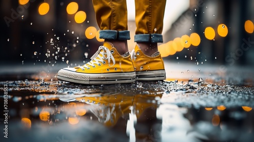 A person standing in the rain with yellow sneakers on, resistance can be portrayed with this image, Generative AI.