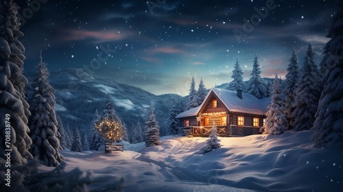 A snow-covered house at night, lit up by stars, Generative AI. © Noobs