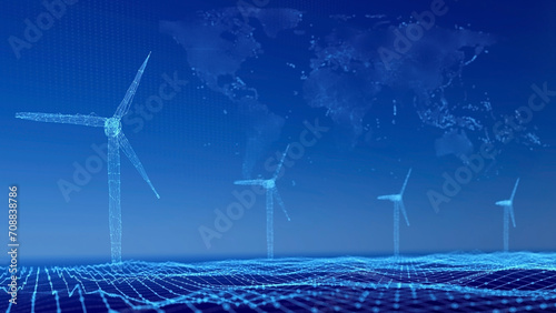 The image is an abstract 3D illustration of a wind farm at sea, with wind turbines distributed across the ocean. The background of the image features an abstract world map with out-of-focus points.