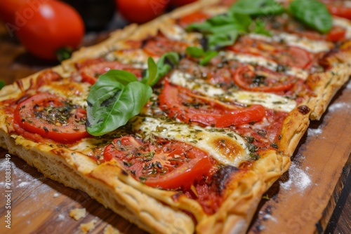 Sfincione, Traditional Sicilian Pizza with Tomatoes and Basil