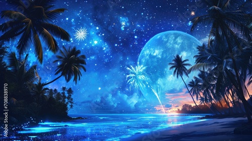 Enchanting Ocean Bliss  Starlit Sky  Coconut Palms  and Fiery Fireworks