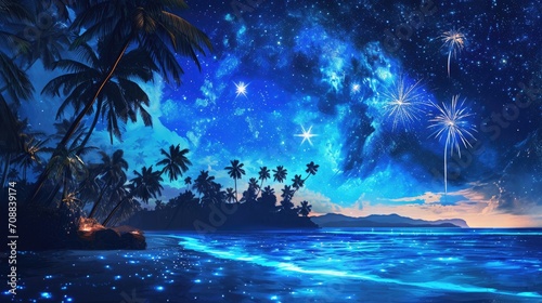 Enchanting Ocean Bliss: Starlit Sky, Coconut Palms, and Fiery Fireworks
