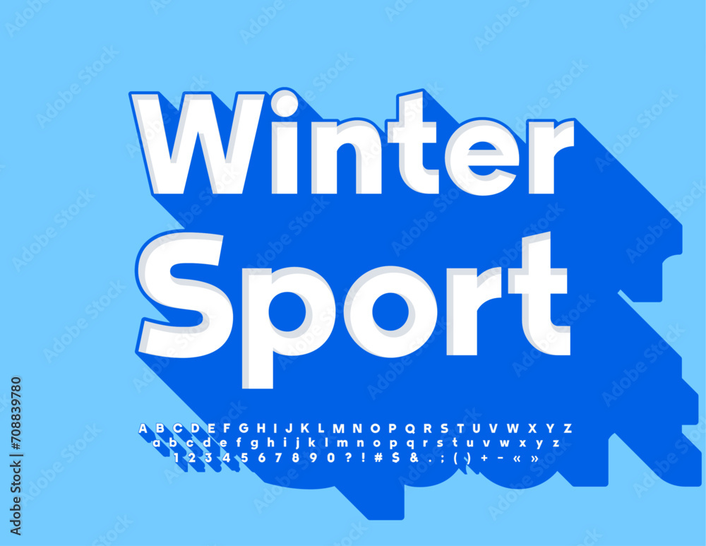 Vector trendy Banner Winter Sport.  Creative White Font with Big Blue Shadow. Modern Alphabet Letters and Numbers set.