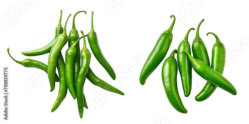 A pile of green chillies on a transparent png background viewed from above