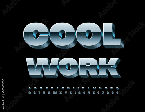 Vector trendy logo Cool Work. Modern 3D Font. Metallic Alphabet Letters and Numbers.