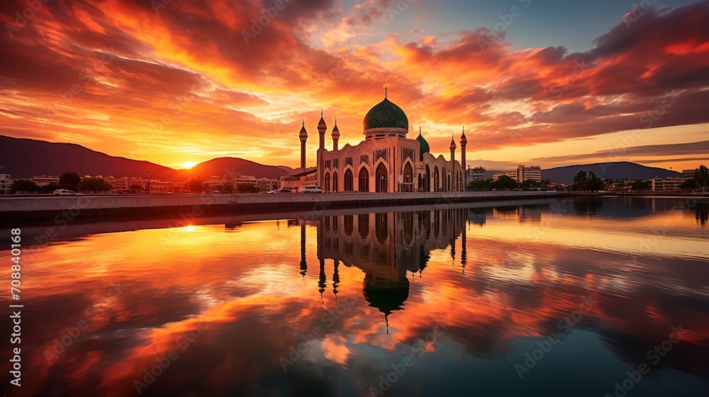 Sunset scenery of Kota Kinabalu city Mosque, Sabah Borneo, Malaysia