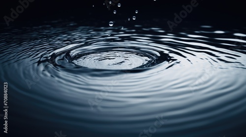 Realistic photo of water drops hitting dark water, ripples 