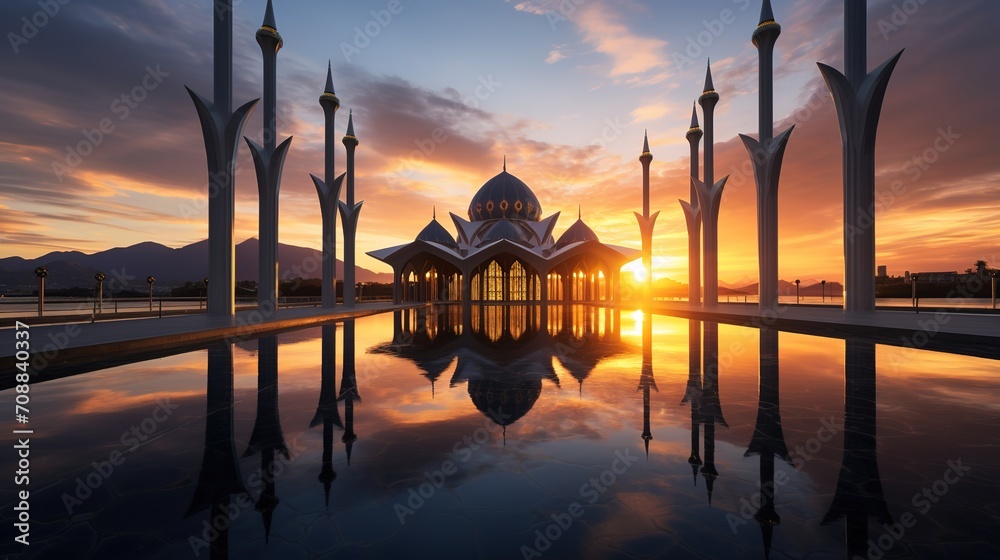 Obraz premium Sunset scenery of Kota Kinabalu city Mosque, Sabah Borneo, Malaysia