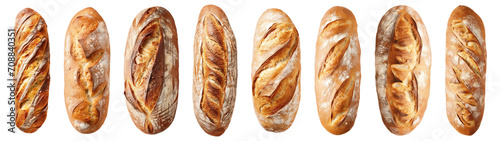 collection of long artisanal sourdough baguettes isolated  on a transparent background, top view