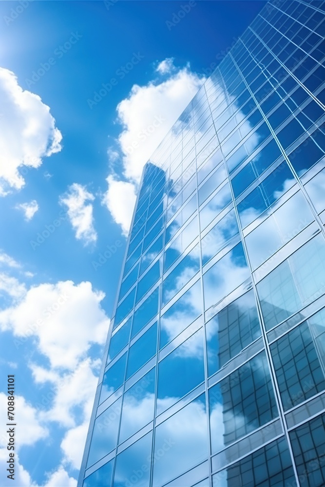 Blue glass skyscraper reflecting clouds