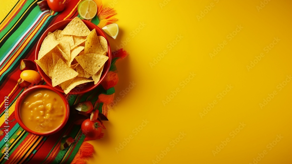Vibrant Cinco de Mayo Celebration: Top View of Colorful Nacho Chips, Salsa, Tequila, and Maracas on a Bright Yellow Background with Copyspace for Promotional Content