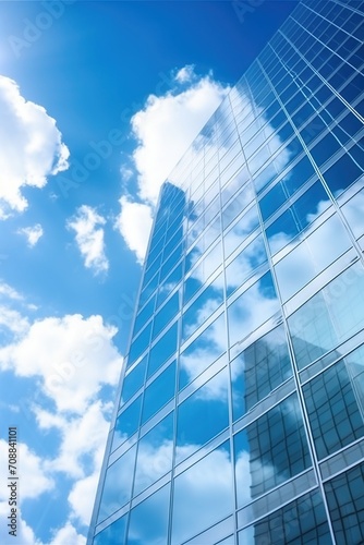 Blue glass skyscraper reflecting clouds