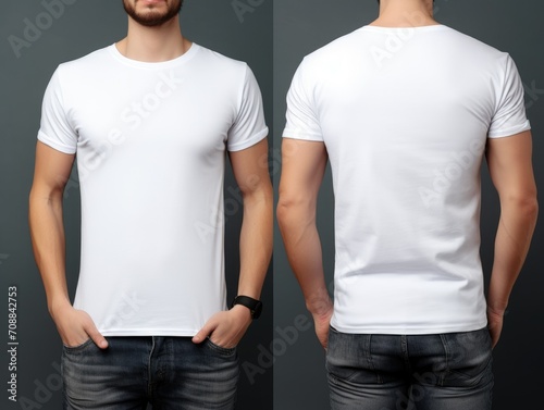 Male model showing white t-shirt front and back, faceless male model showing white unpatterned t-shirt, white t-shirt front and back, white t-shirt mockup，white t shirt on a mannequin