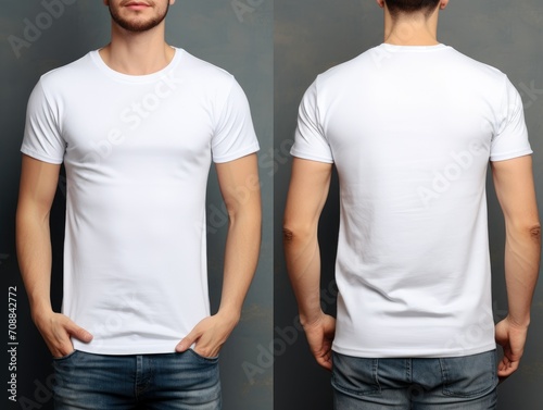Male model showing white t-shirt front and back, faceless male model showing white unpatterned t-shirt, white t-shirt front and back, white t-shirt mockup