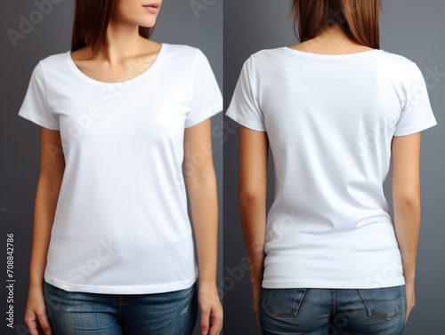 Female model showing white t-shirt front and back, faceless female model showing white unpatterned t-shirt, white t-shirt front and back, white t-shirt mockup，white t shirt on a mannequin