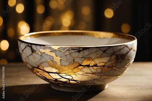 A unique kintsugi bowl, highlighting its intricate cracks and golden repairs.