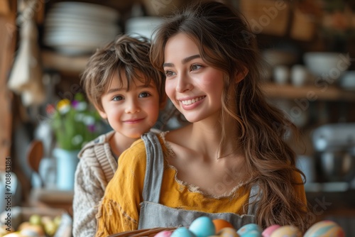 young woman and a boy with a basket of colorful eggs, likely family, sharing a happy moment in a rustic kitchen setting.