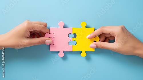 Hands exchanging puzzle pieces, isolated on colour background, bright colors 