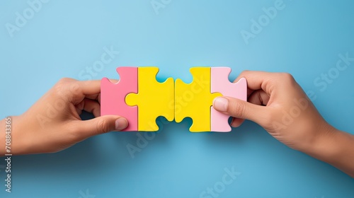 Hands exchanging puzzle pieces  isolated on colour background  bright colors  