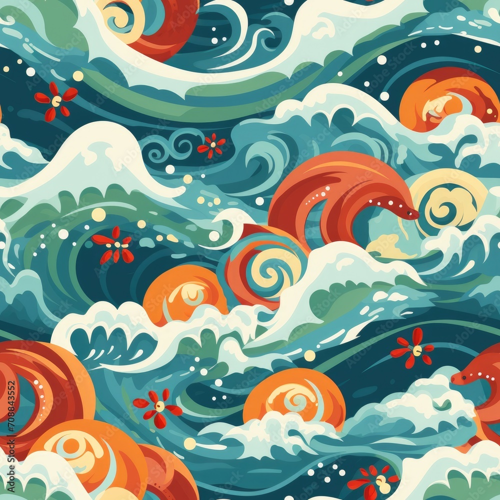 Ocean waves marine creatures seamless pattern
