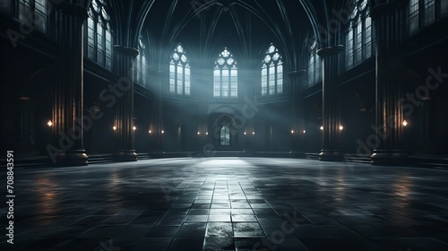 Abstract renaissance huge hall with smoke room and dark, gothic lighting, Generative AI.