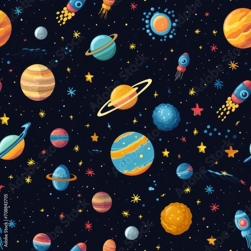 Space rocket star planet astronaut satellite galaxy nebula shooting star seamless pattern