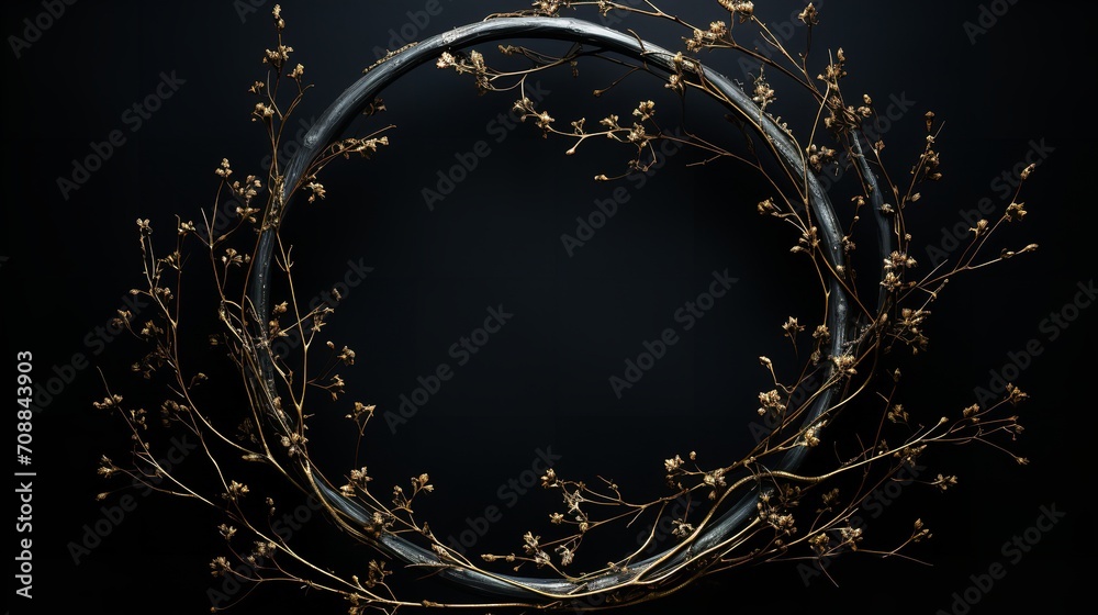 An solitary black backdrop with a wreath composed of branches and sticks, Generative AI. - obrazy, fototapety, plakaty 