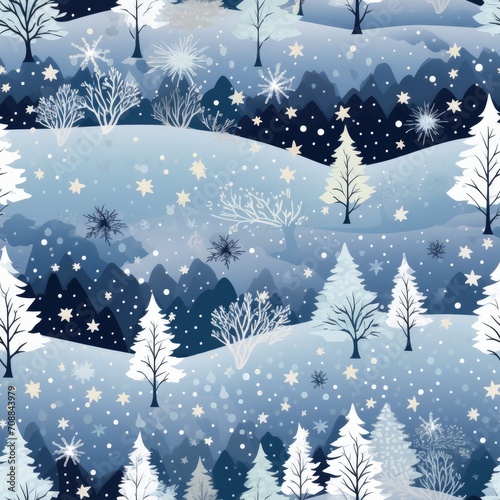 Winter snowflakes frosty landscapes cozy vibes seamless pattern © Gefo