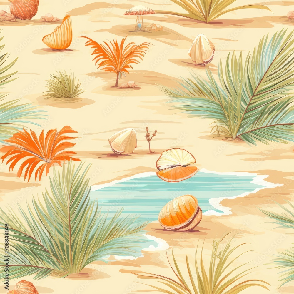 Beach palm trees seashells relaxation seamless pattern