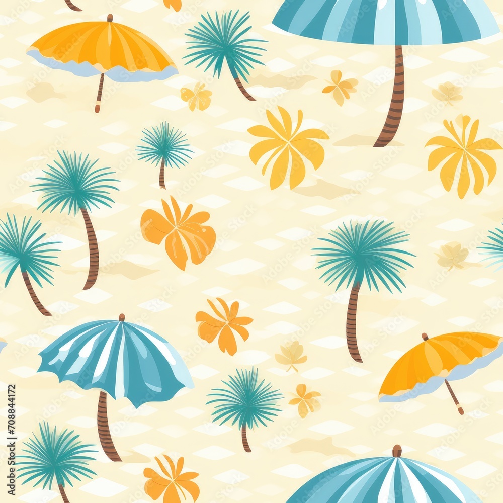 Beach palm trees beach umbrella seashells seamless pattern