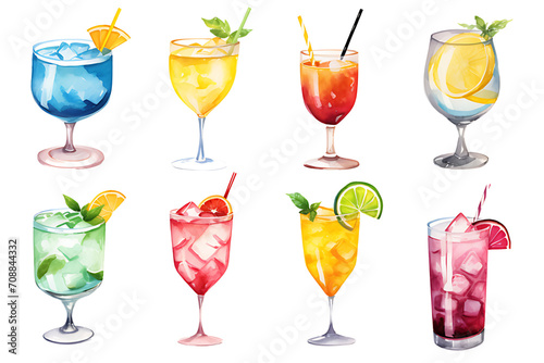 Set of Mojito tropical cocktails. Hand drawn watercolor summer refreshing alcoholic drink set.
