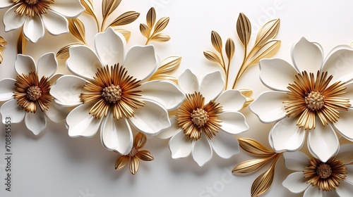 Three-dimensional gold flowers set against a white backdrop with empty  spaces  Generative AI.