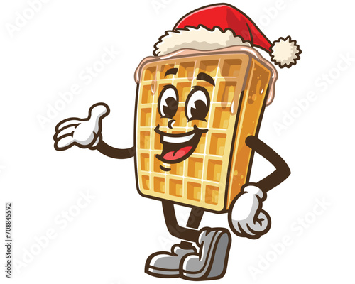 Waffle wearing a Christmas hat cartoon mascot illustration character vector clip art hand drawn