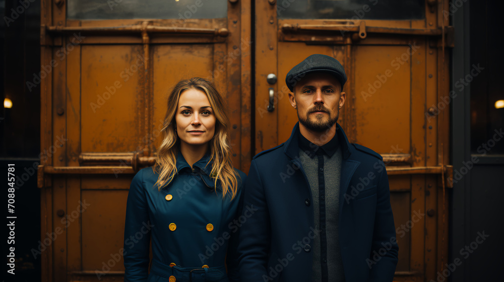 Couple posed next to old blue wooden doors -happy and confident - smiling - stylish fashion Couple posed next to old blue wooden doors -happy and confident - smiling - stylish fashion