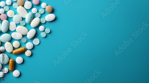 Various brightly colored medicinal tablets, capsules, and pills on a blue backdrop with empty space, Generative AI.