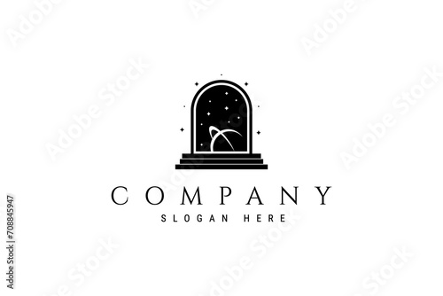 Archway staircase logo with space view of planets, stars and others in flat vector illustration design style