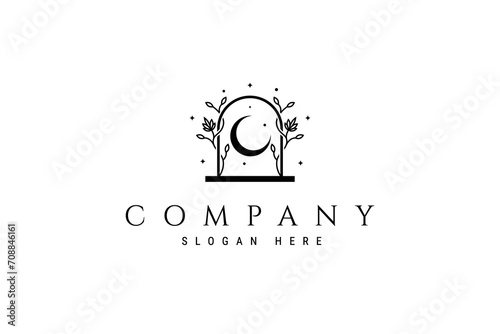 space portal archway logo decorated with flower creeper landscape crescent moon and stars in flat vector illustration design style