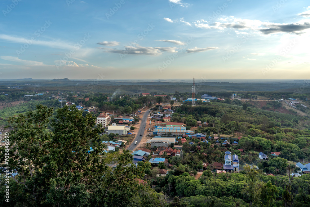 Krong Ban Lung, Cambodia - December 29, 2023: Panoramic view of Krong Ban Lung town in Cambodia from a high hilltop