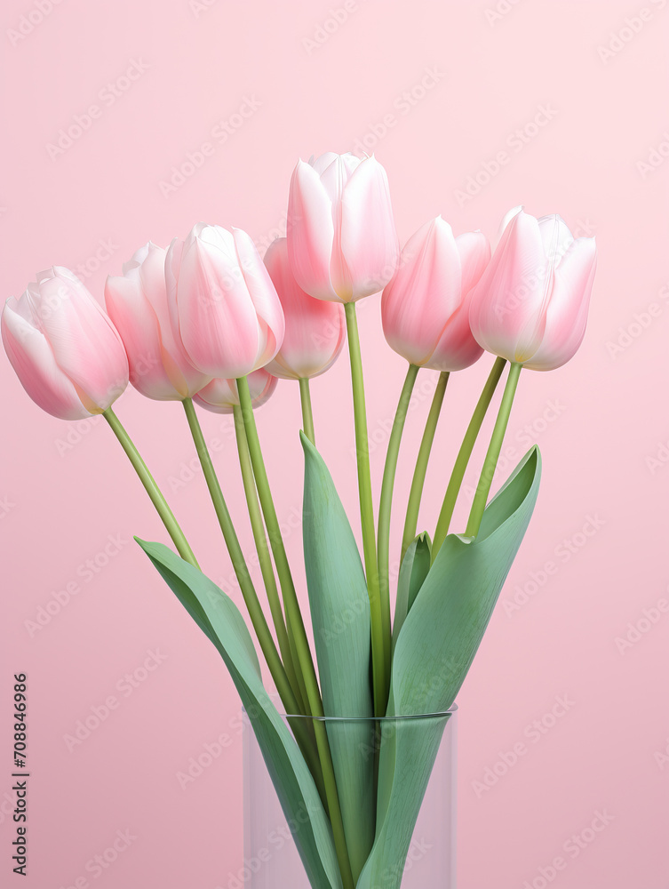 Fototapeta premium Pink tulips bunch on pink background, great for greeting cards or invitations. AI Generative.