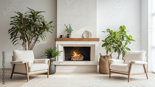 Interior of light living room with decorative fireplace, armchairs and houseplants © Ahmad-Muslimin